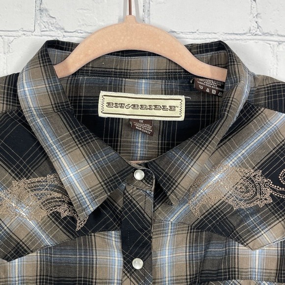 Bit & Bridle Blouse Women 1X Pearl Snaps Button Up Rodeo Western Cowgirl - Picture 15 of 16